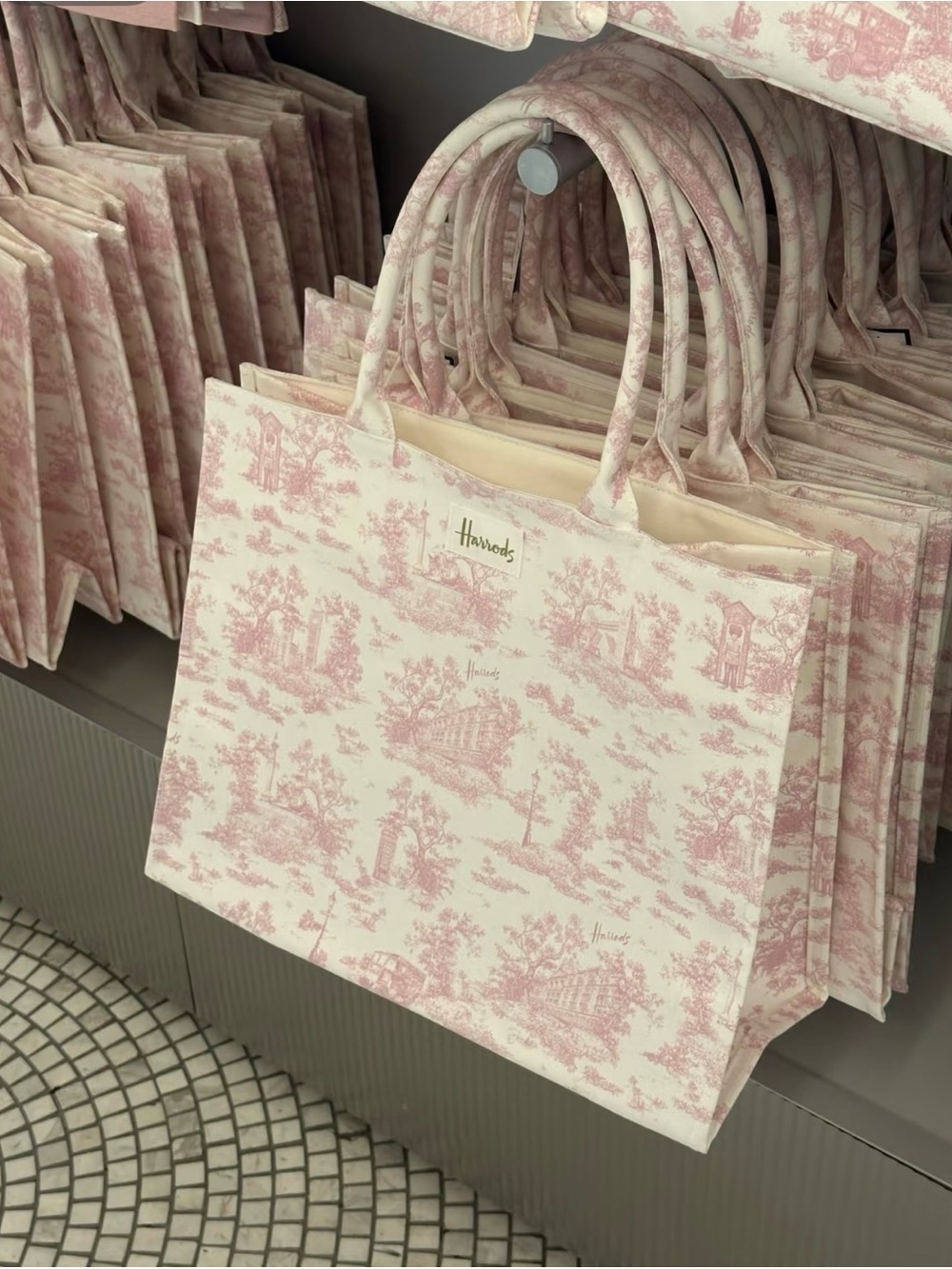 Harrods Pink & White Toile Tote Bag